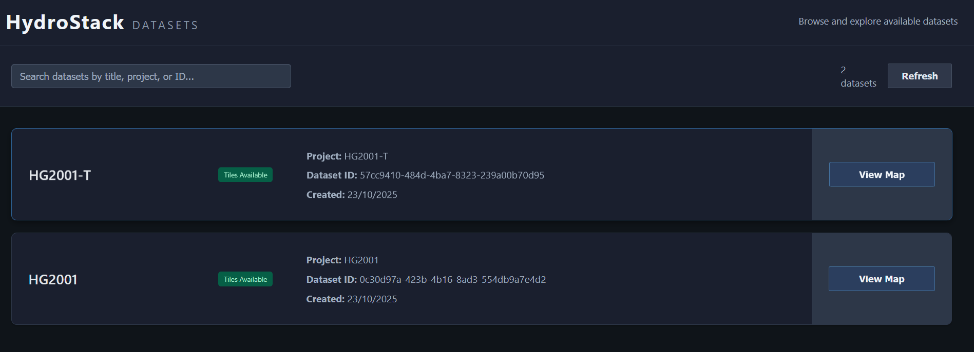 Dataset list view summarizing tracked survey assets