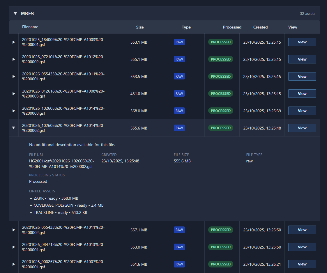 File tracking in HydroEngine showing survey lineage