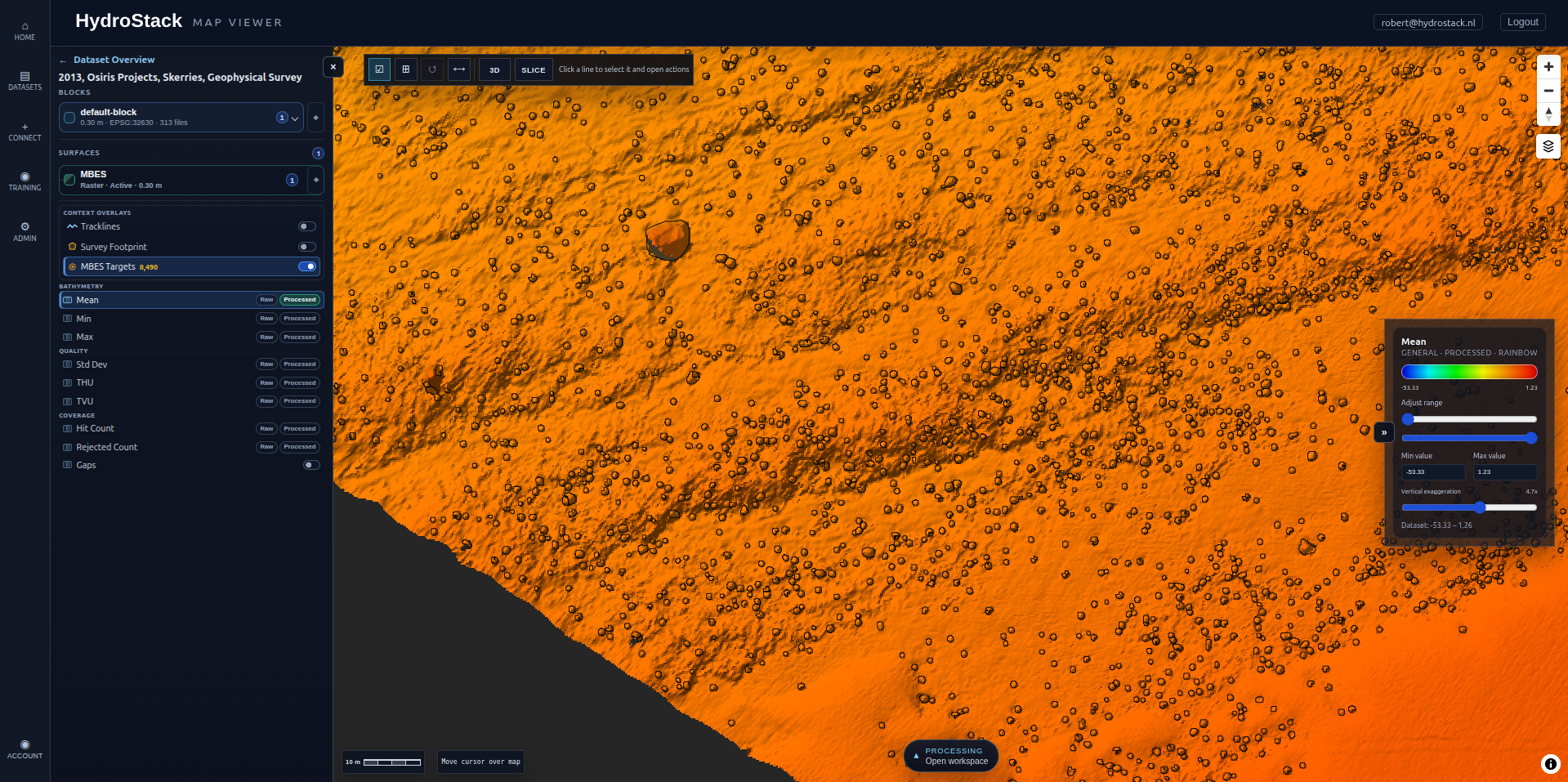 Close-up HydroStack map view showing AI target detections and seabed feature outlines
