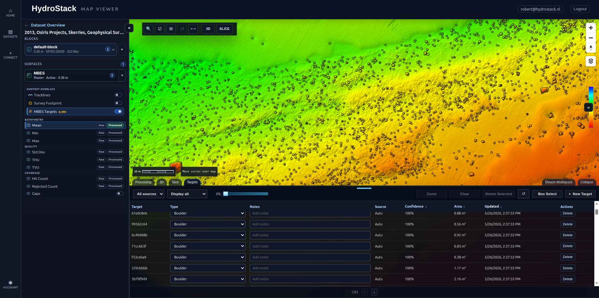 HydroStack map viewer showing AI target detection results
