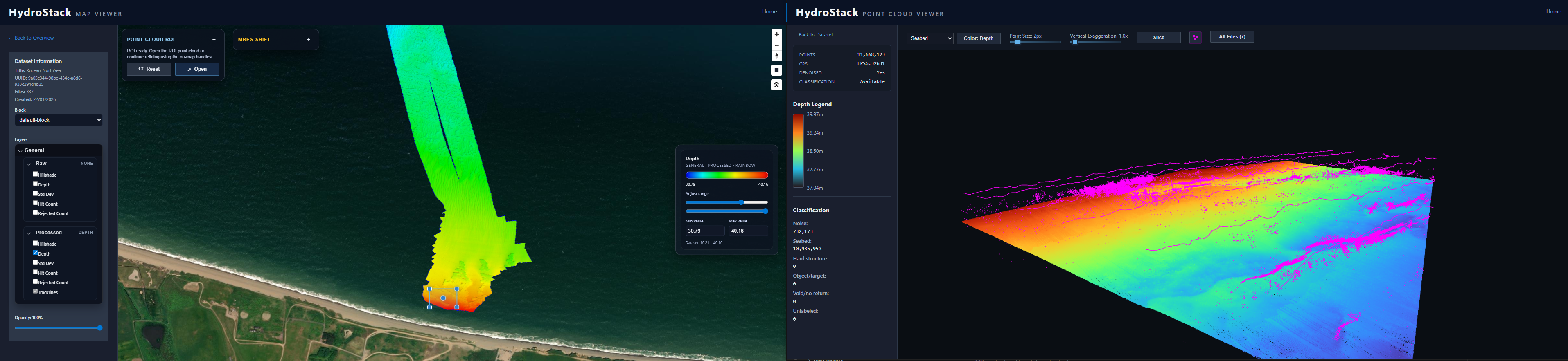 Map view and point cloud view side by side in HydroStack