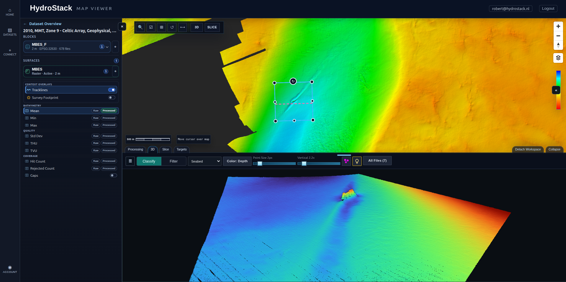 HydroStack 3D point cloud view showing a seabed wreck