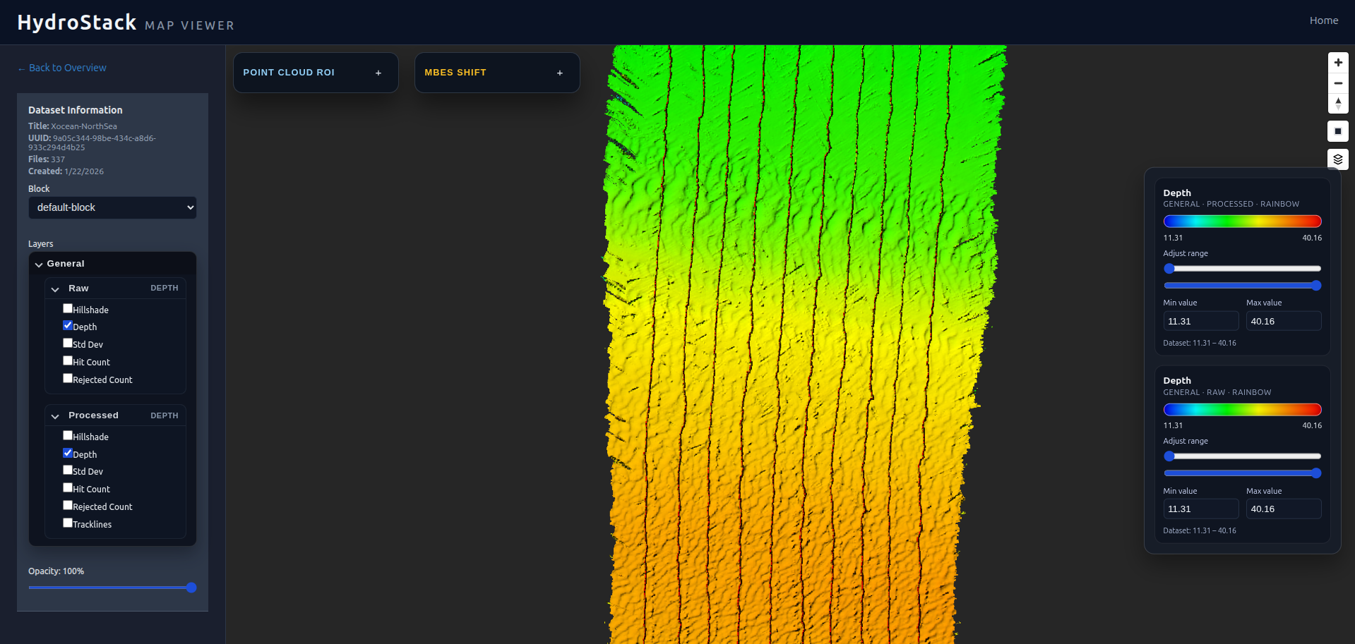 Raw map view of cable survey MBES data in the North Sea windfarm project