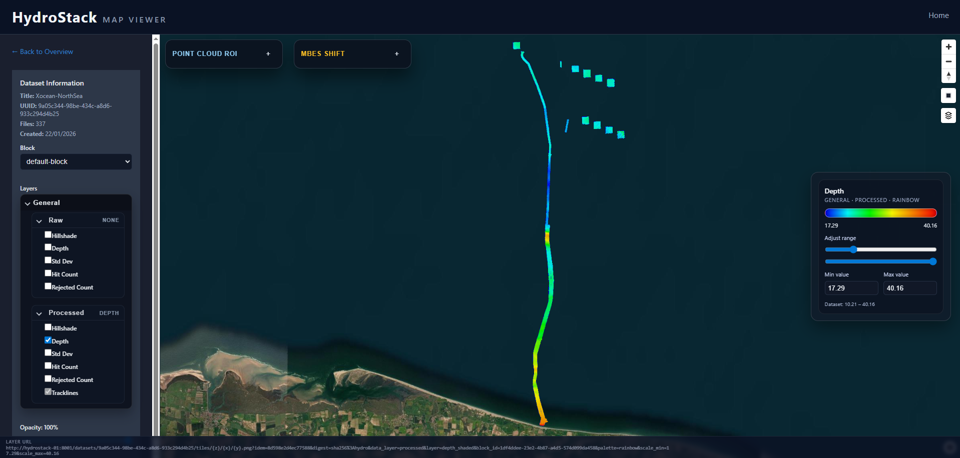 Full dataset view showing MBES lines loaded across the survey area