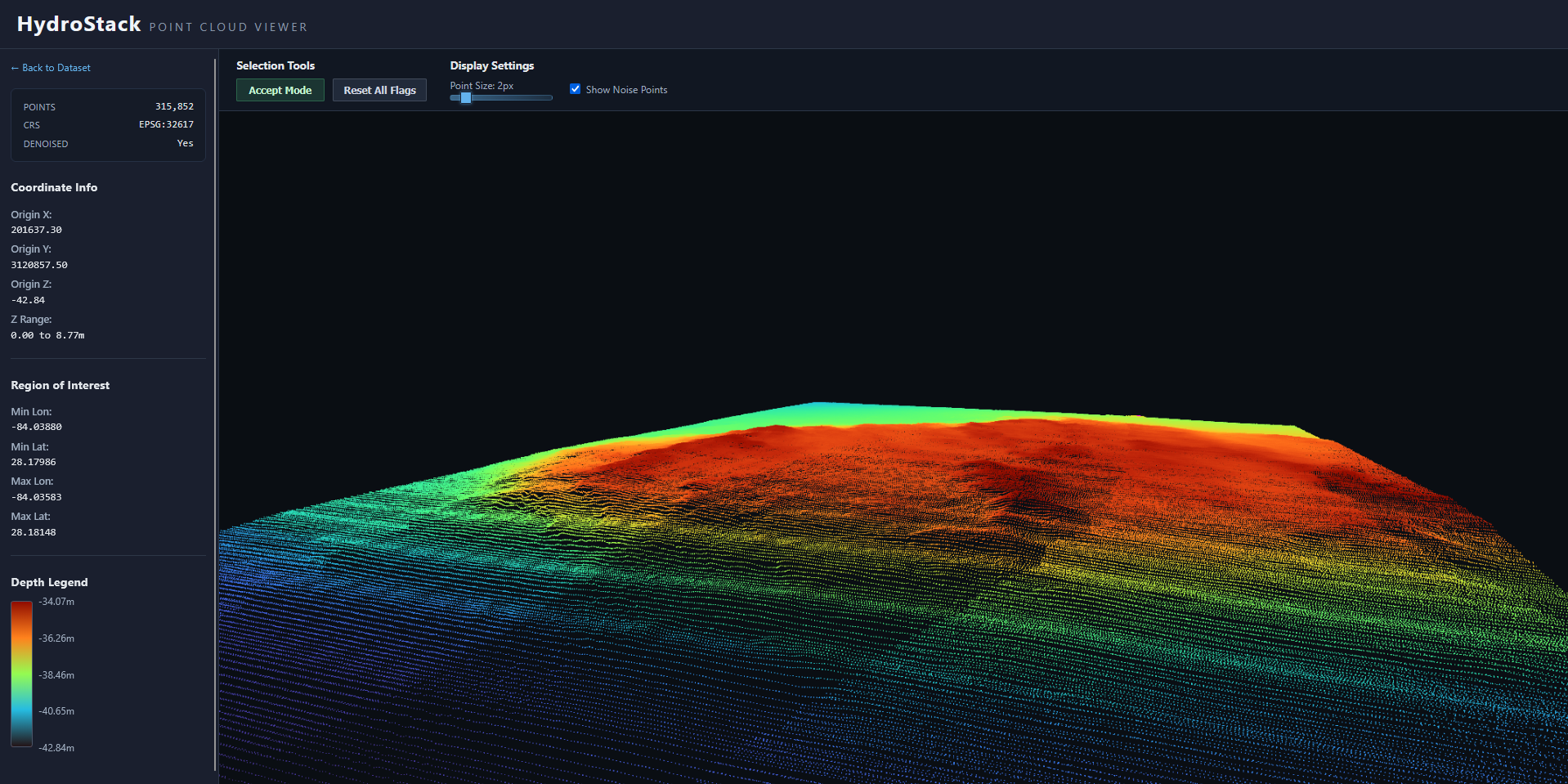 Interactive point cloud viewer displaying bathymetry in HydroEngine