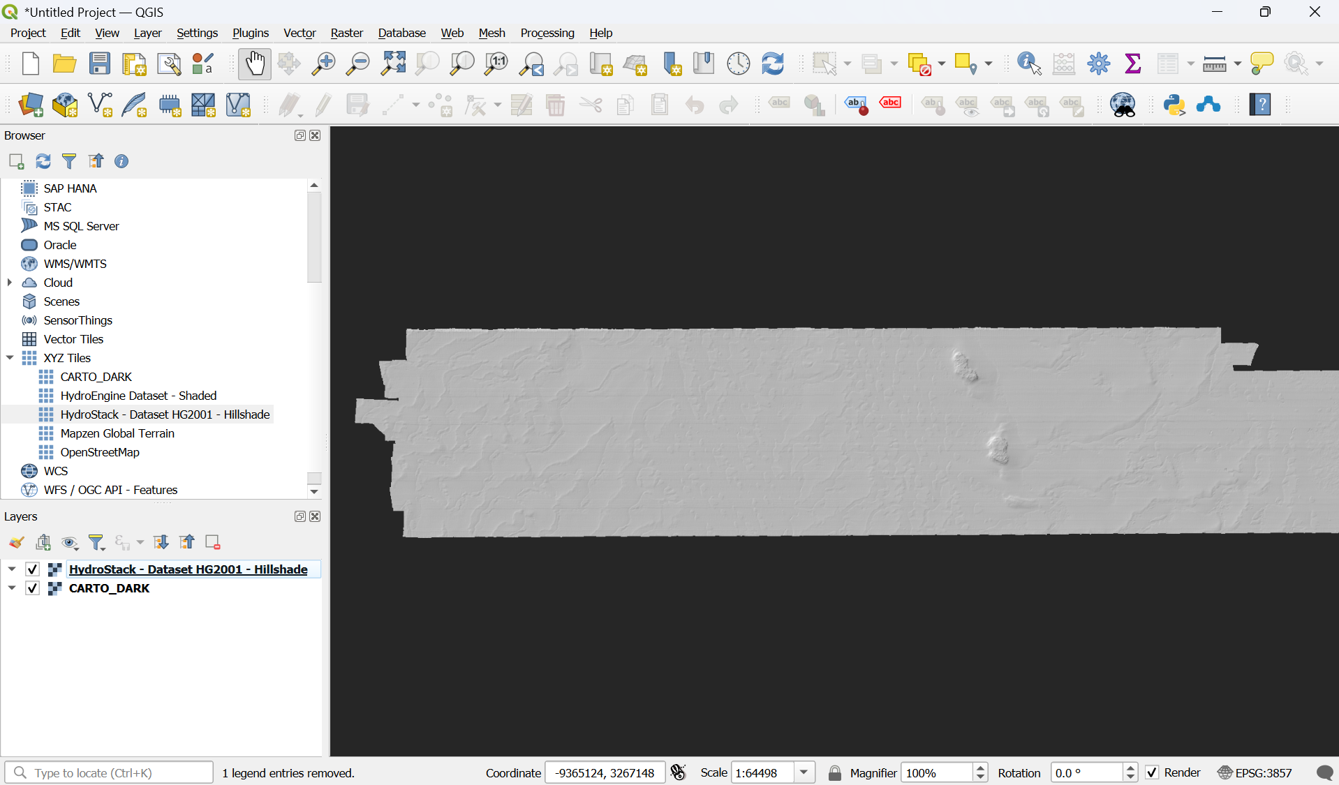 HydroEngine WMS hillshade layer displayed inside QGIS